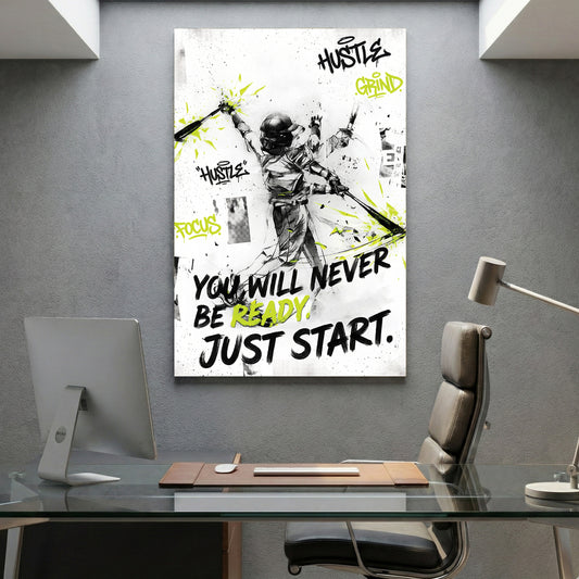 Baseball Player Motivational Quote canvas wall art print displayed in a styled living room