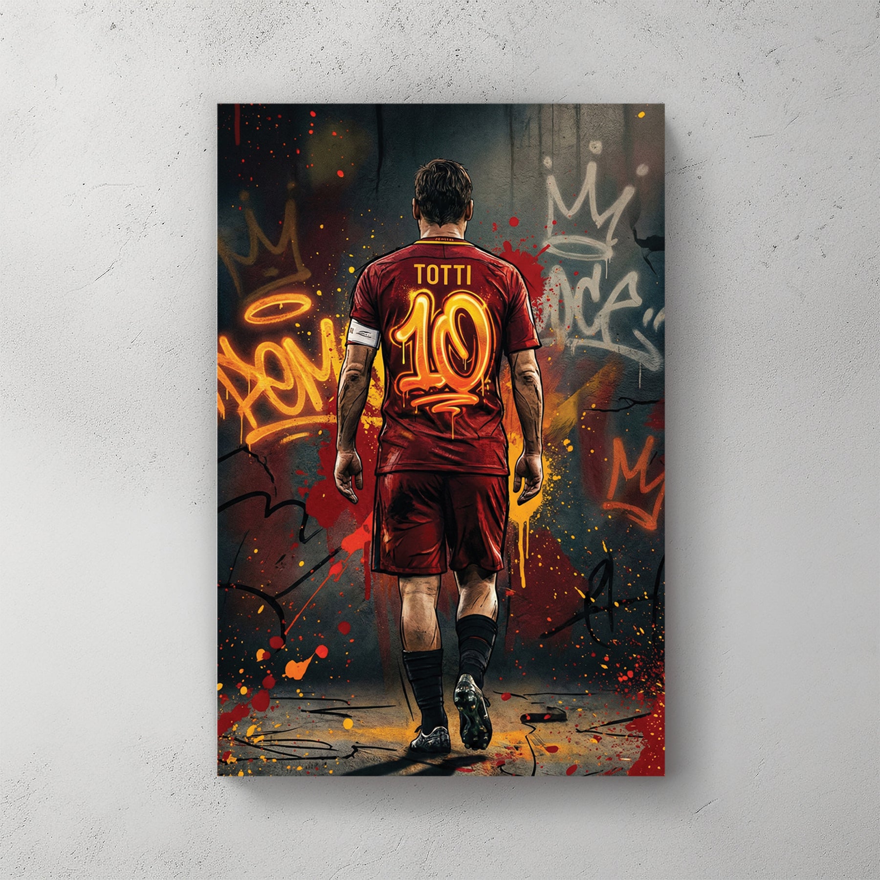 Totti #10 AS Roma jersey; back view; graffiti background; gold crowns and "ROMA" — canvas wall art print