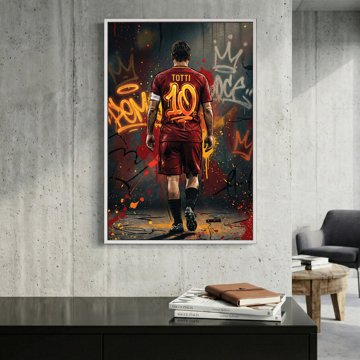 Francesco Totti AS Roma Number 10 canvas wall art print displayed in a styled living room