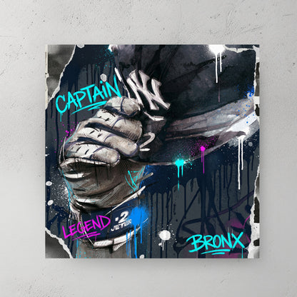 Derek Jeter Yankees graffiti collage, glove and Captain text, jump throw reference, blue and white — canvas wall art print