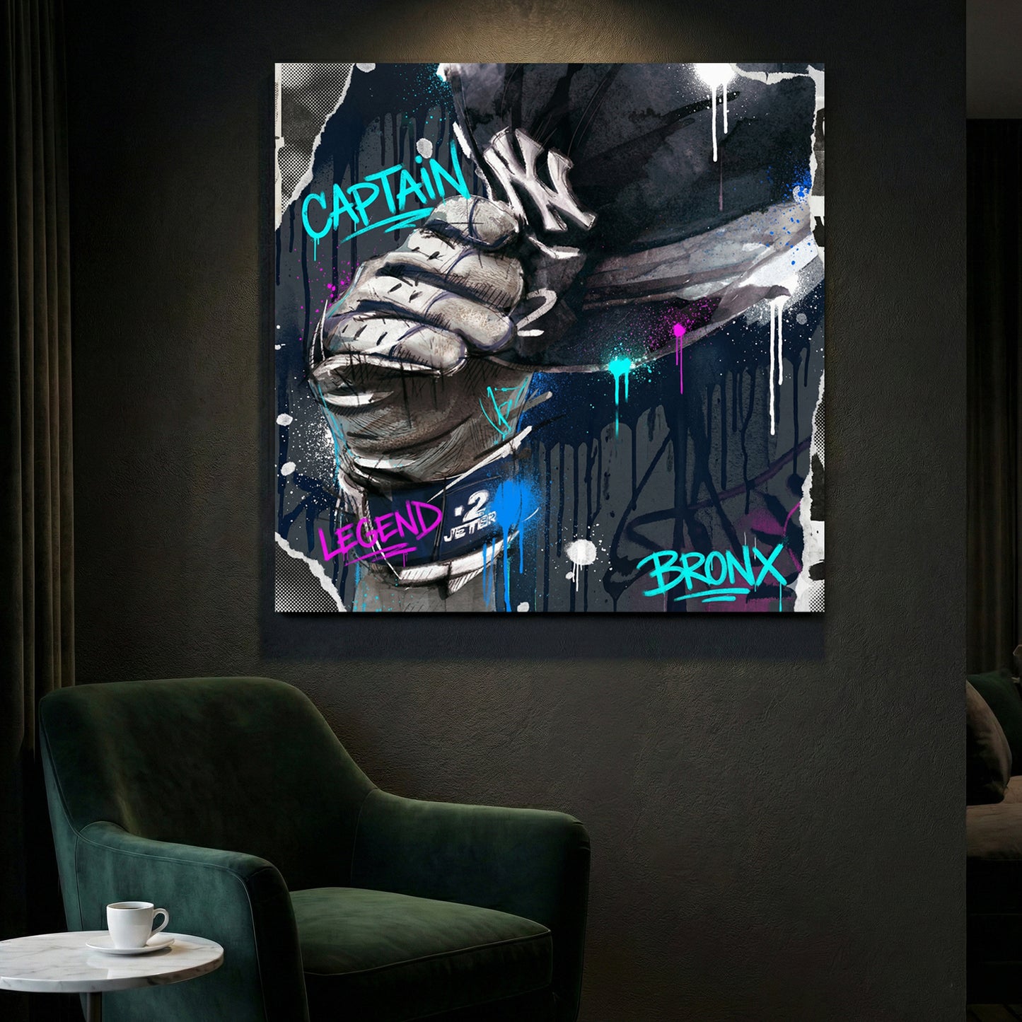 Derek Jeter Yankees Captain Graffiti canvas wall art print styled in a modern interior