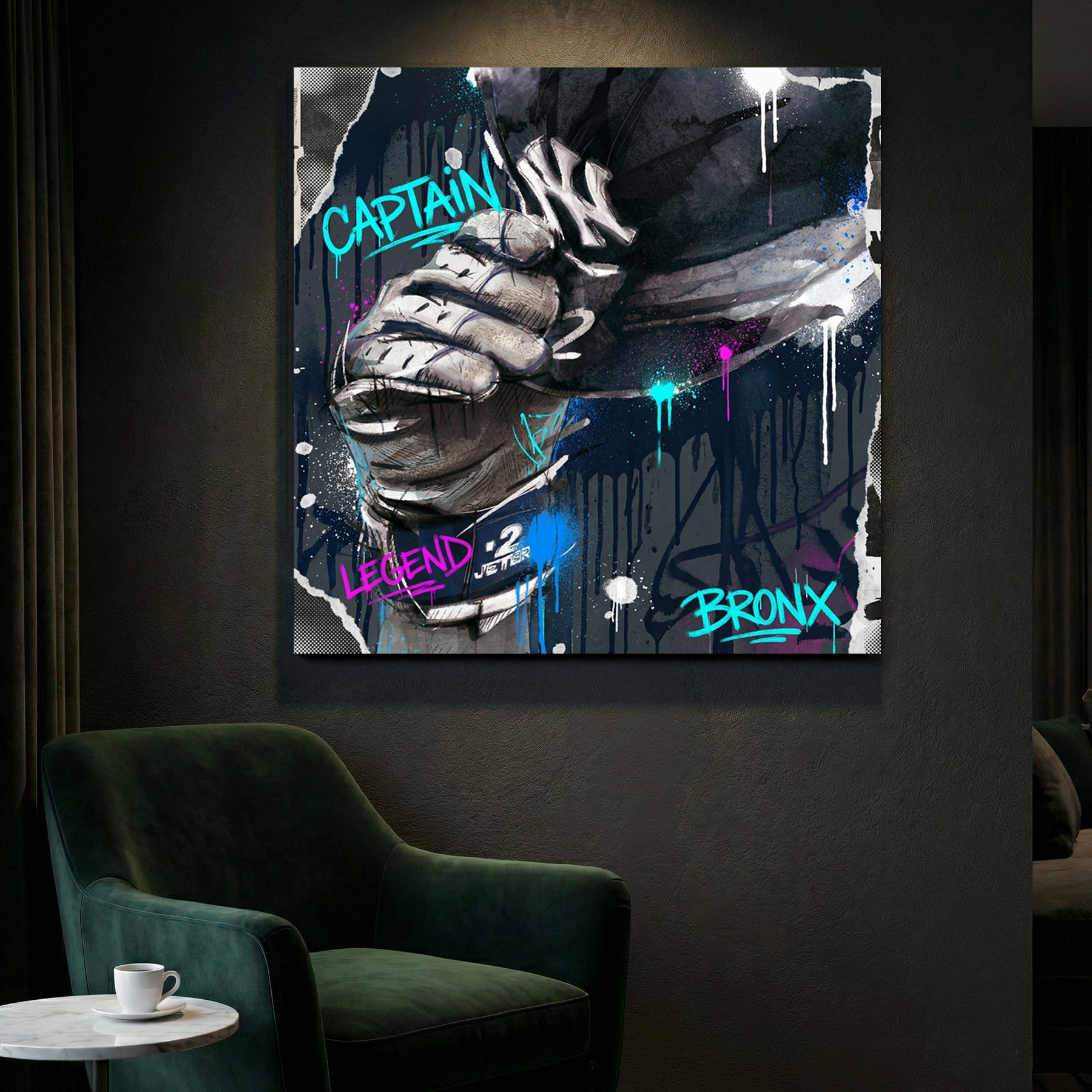 Derek Jeter Yankees Captain Graffiti canvas wall art print styled in a modern interior