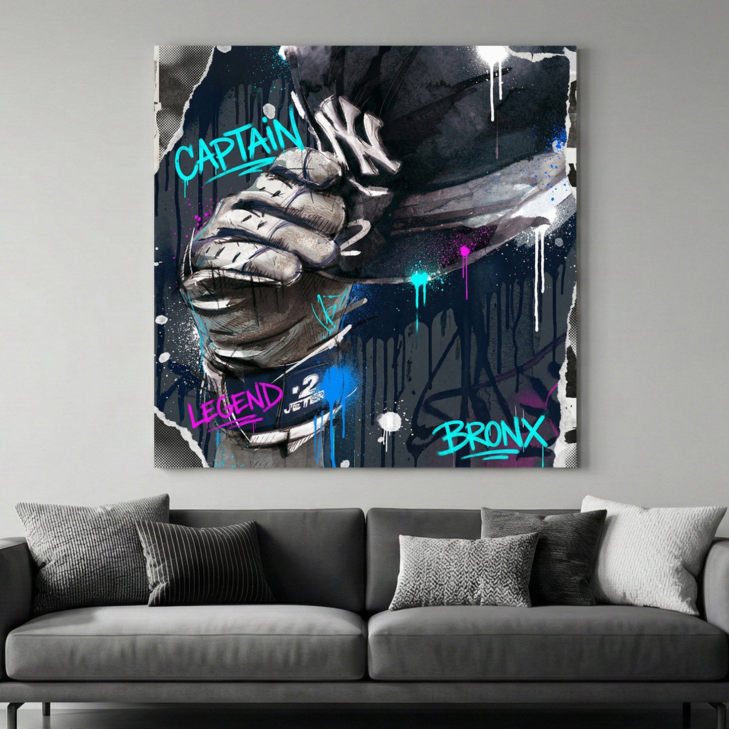 Derek Jeter Yankees Captain Graffiti canvas wall art print above a sofa in a contemporary living room
