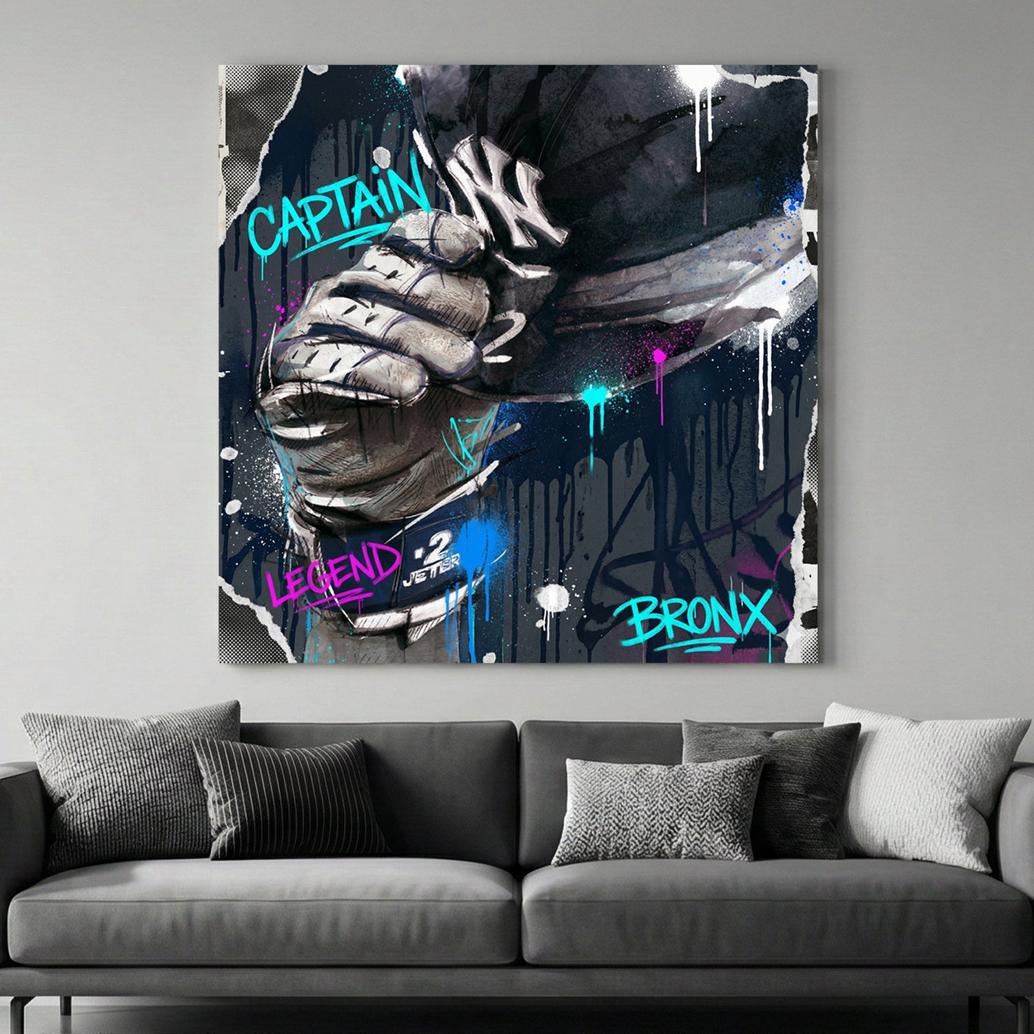 Derek Jeter Yankees Captain Graffiti canvas wall art print above a sofa in a contemporary living room