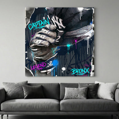 Derek Jeter Yankees Captain Graffiti canvas wall art print above a sofa in a contemporary living room