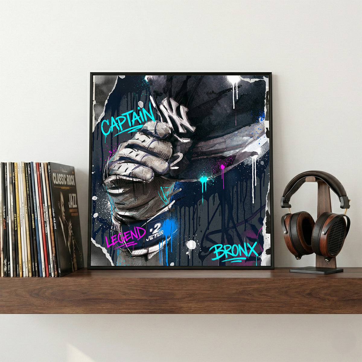 Derek Jeter Yankees Captain Graffiti framed canvas wall art print in a gallery-style display