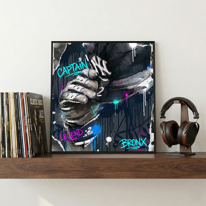 Derek Jeter Yankees Captain Graffiti framed canvas wall art print in a gallery-style display
