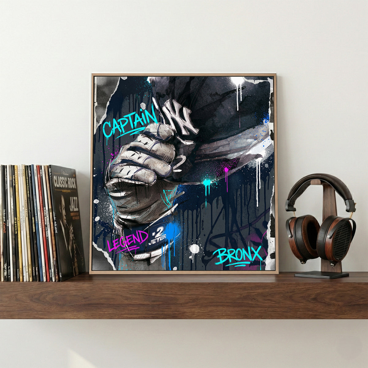Derek Jeter Yankees Captain Graffiti canvas wall art print displayed in a styled living room