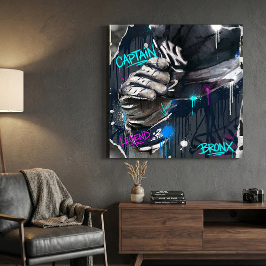 Derek Jeter Yankees Captain Graffiti canvas wall art print displayed in a styled living room