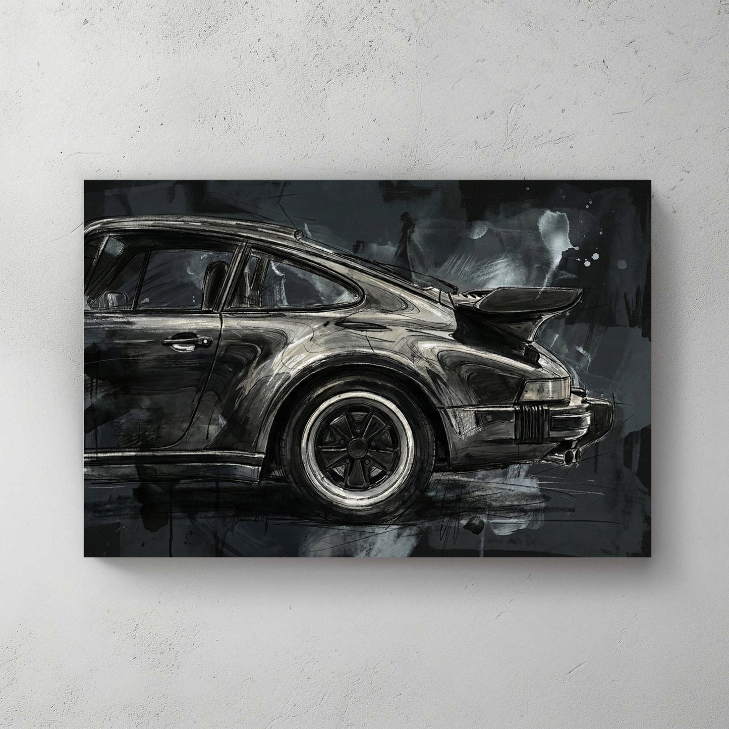 Black Porsche 911 rear three-quarter sketch, ink and charcoal style, dark moody background, drip splatter effects — canvas wall art print
