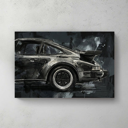 Black Porsche 911 rear three-quarter sketch, ink and charcoal style, dark moody background, drip splatter effects — canvas wall art print