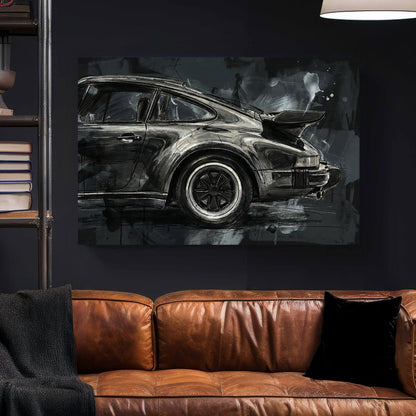 Black Porsche 911 Night Sketch canvas wall art print styled in a modern interior