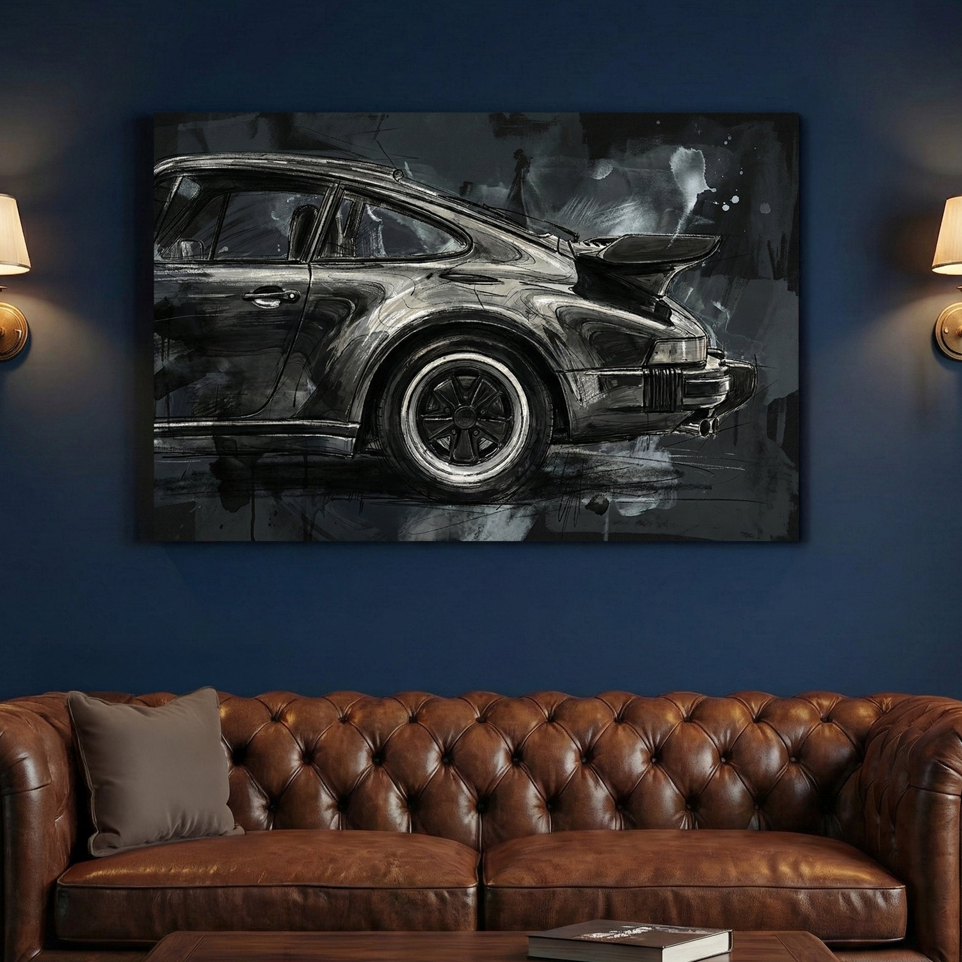 Black Porsche 911 Night Sketch canvas wall art print above a sofa in a contemporary living room