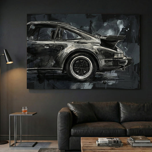 Black Porsche 911 Night Sketch canvas wall art print displayed in a styled living room