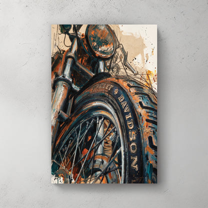 Close-up Harley Davidson motorcycle wheel, fork, tire, painterly orange and teal background — canvas wall art print