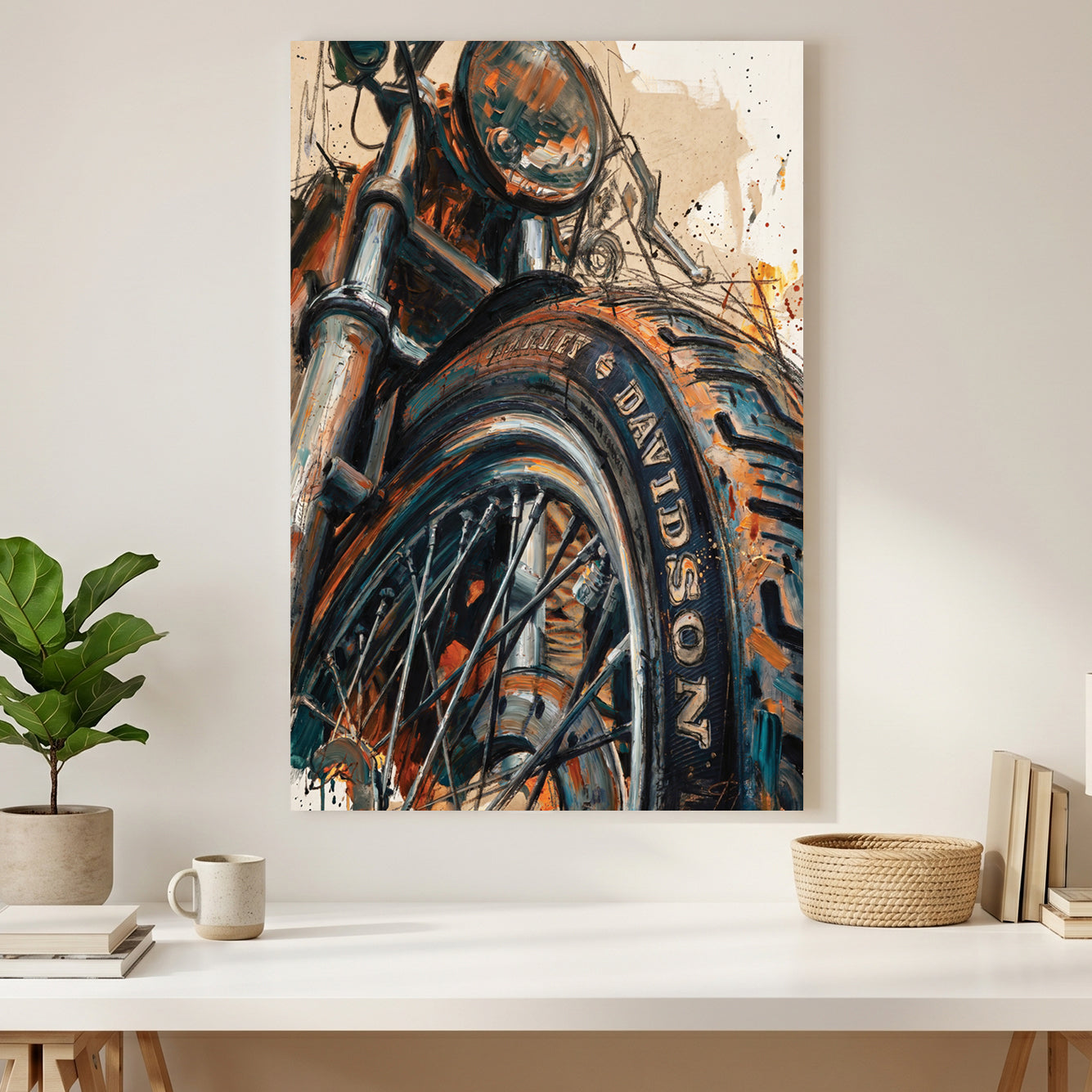 Harley Davidson Motorcycle Wheel canvas wall art print styled in a modern interior