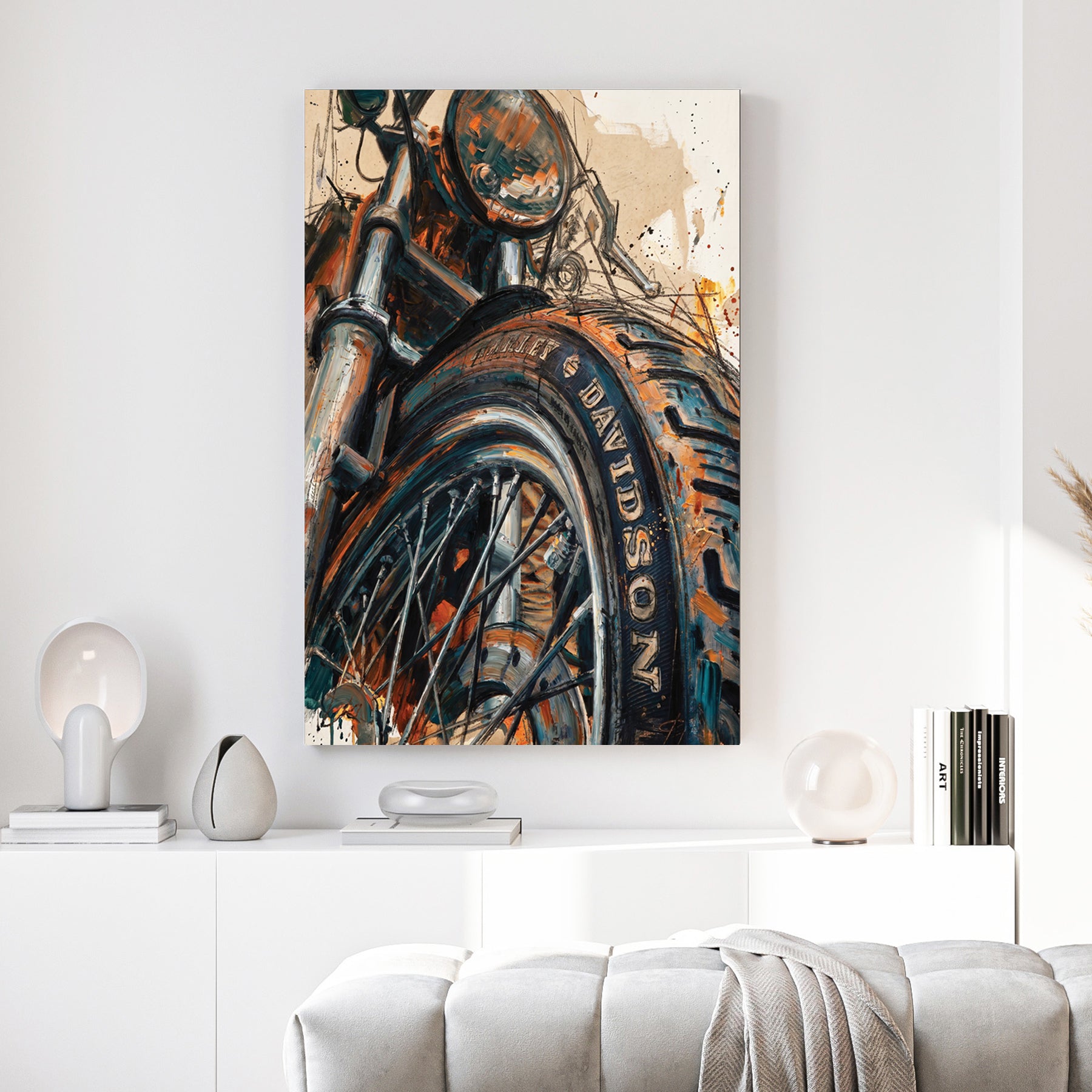 Harley Davidson Motorcycle Wheel canvas wall art print above a sofa in a contemporary living room