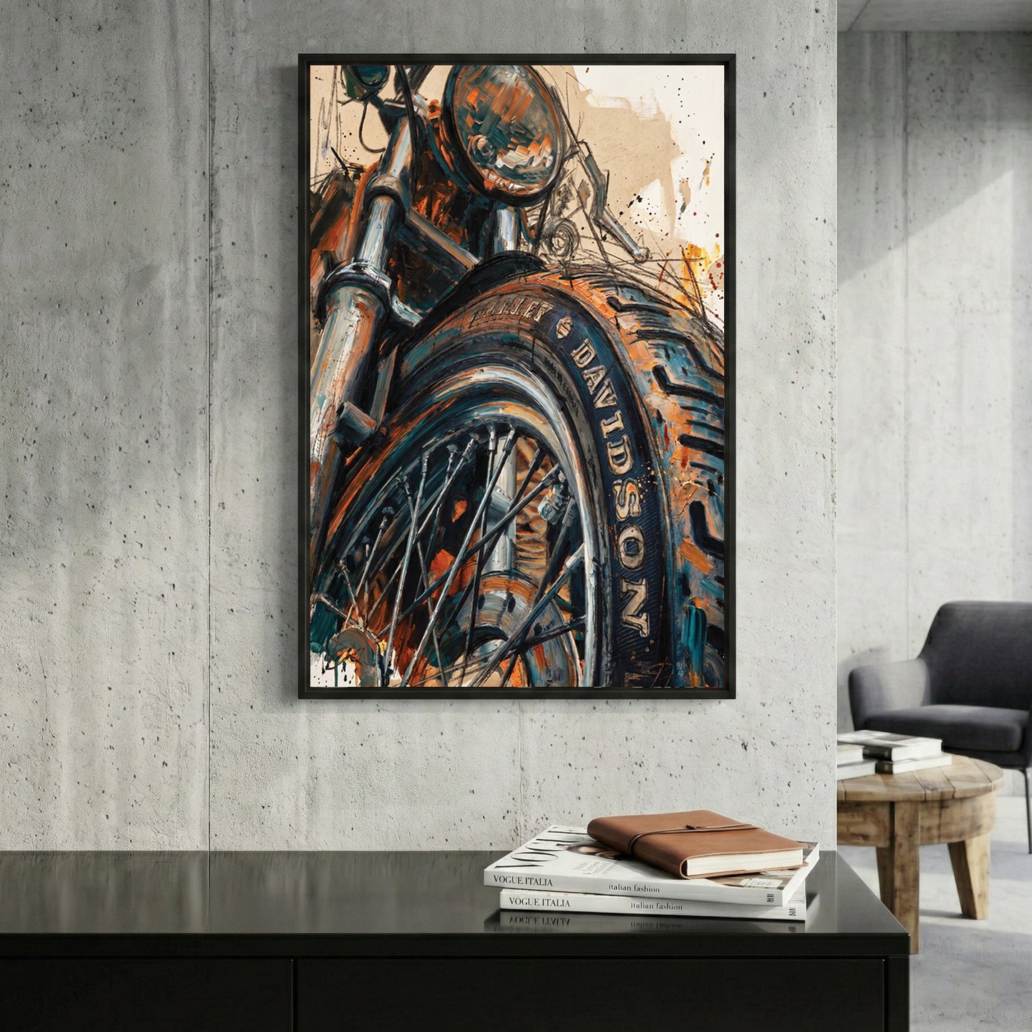 Harley Davidson Motorcycle Wheel framed canvas wall art print in a gallery-style display