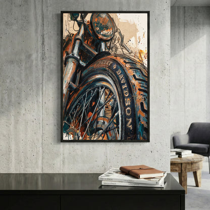 Harley Davidson Motorcycle Wheel framed canvas wall art print in a gallery-style display