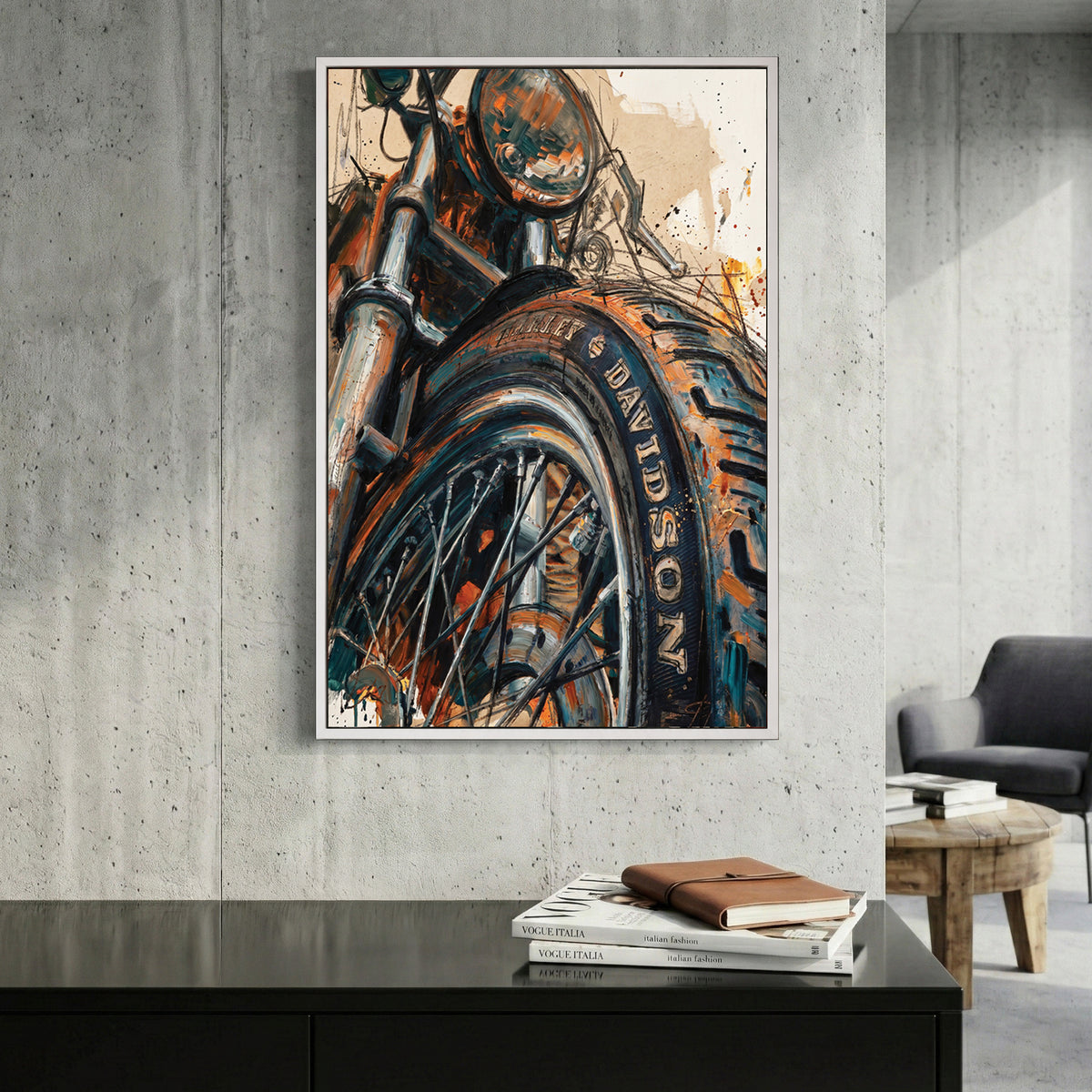 Harley Davidson Motorcycle Wheel canvas wall art print displayed in a styled living room
