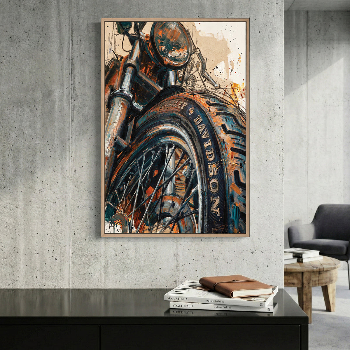 Harley Davidson Motorcycle Wheel canvas wall art print displayed in a styled living room