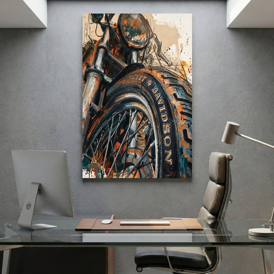 Harley Davidson Motorcycle Wheel canvas wall art print displayed in a styled living room