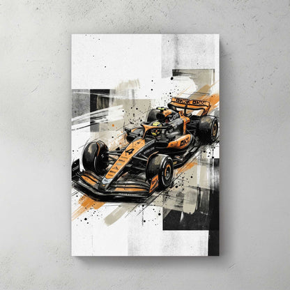 Oscar Piastri McLaren F1 papaya orange car, ink splatter and grayscale background, painterly portrait style — canvas wall art print