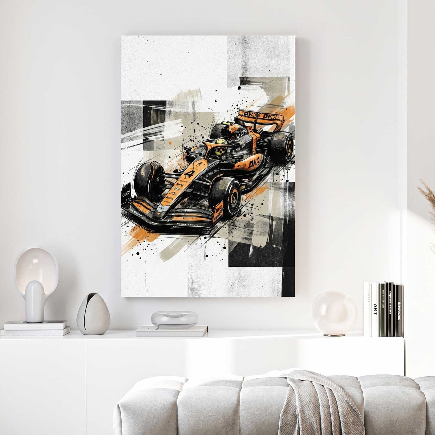 Oscar Piastri McLaren F1 canvas wall art print above a sofa in a contemporary living room