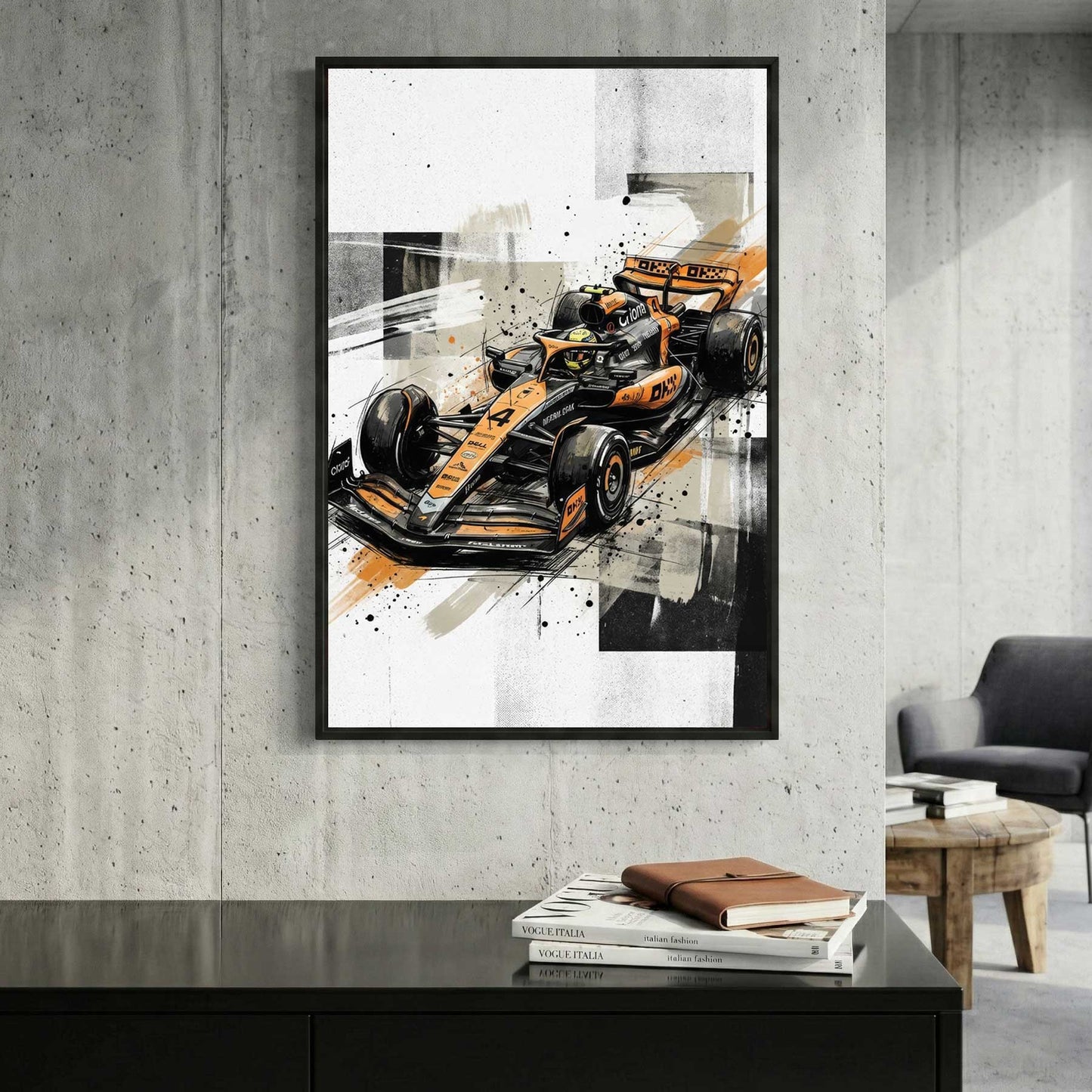 Oscar Piastri McLaren F1 framed canvas wall art print in a gallery-style display