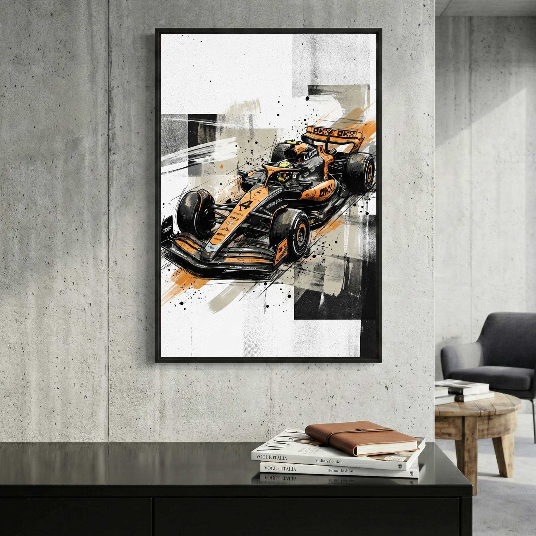 Oscar Piastri McLaren F1 framed canvas wall art print in a gallery-style display