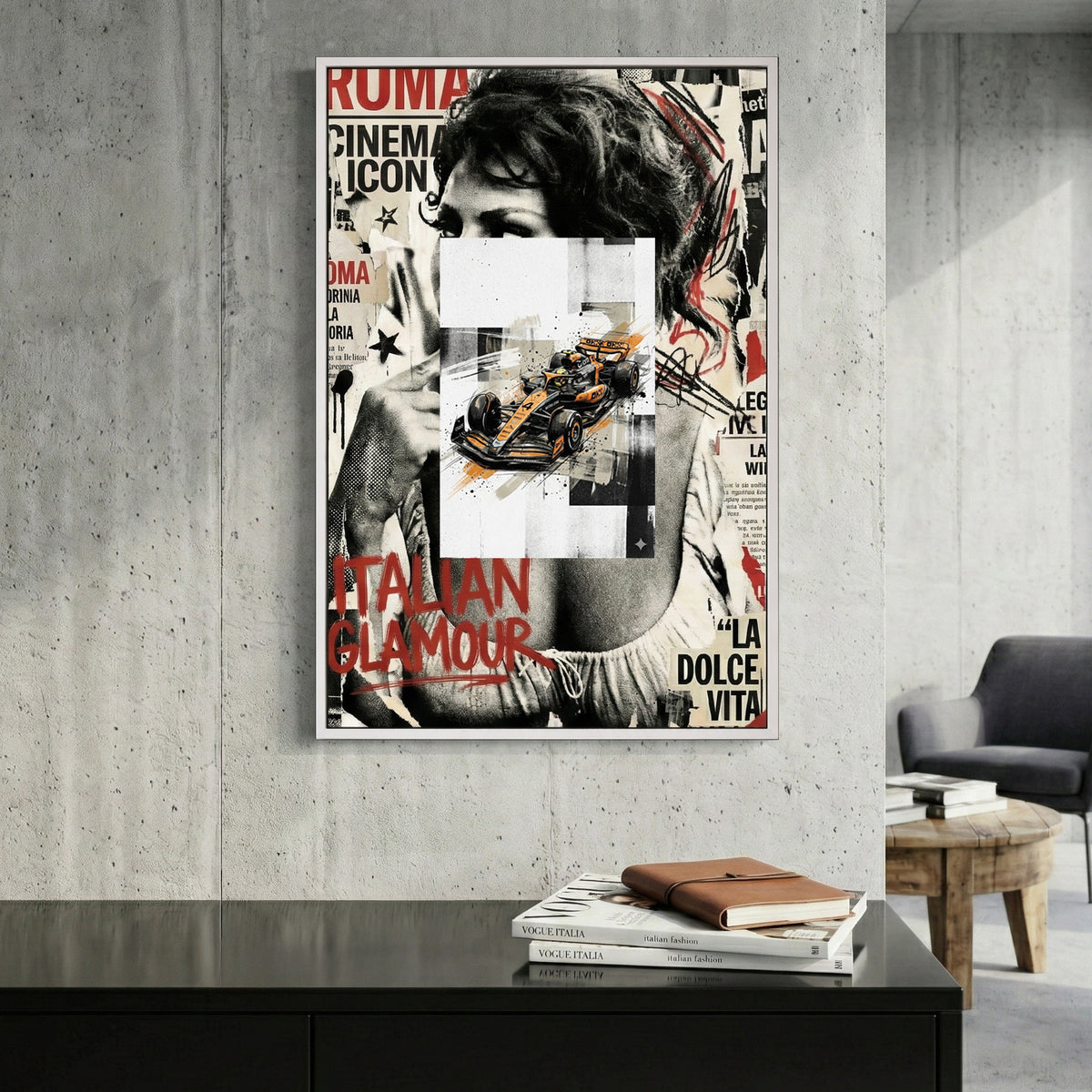 Oscar Piastri McLaren F1 canvas wall art print displayed in a styled living room