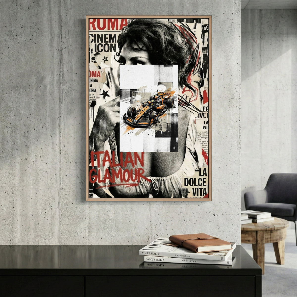 Oscar Piastri McLaren F1 canvas wall art print displayed in a styled living room