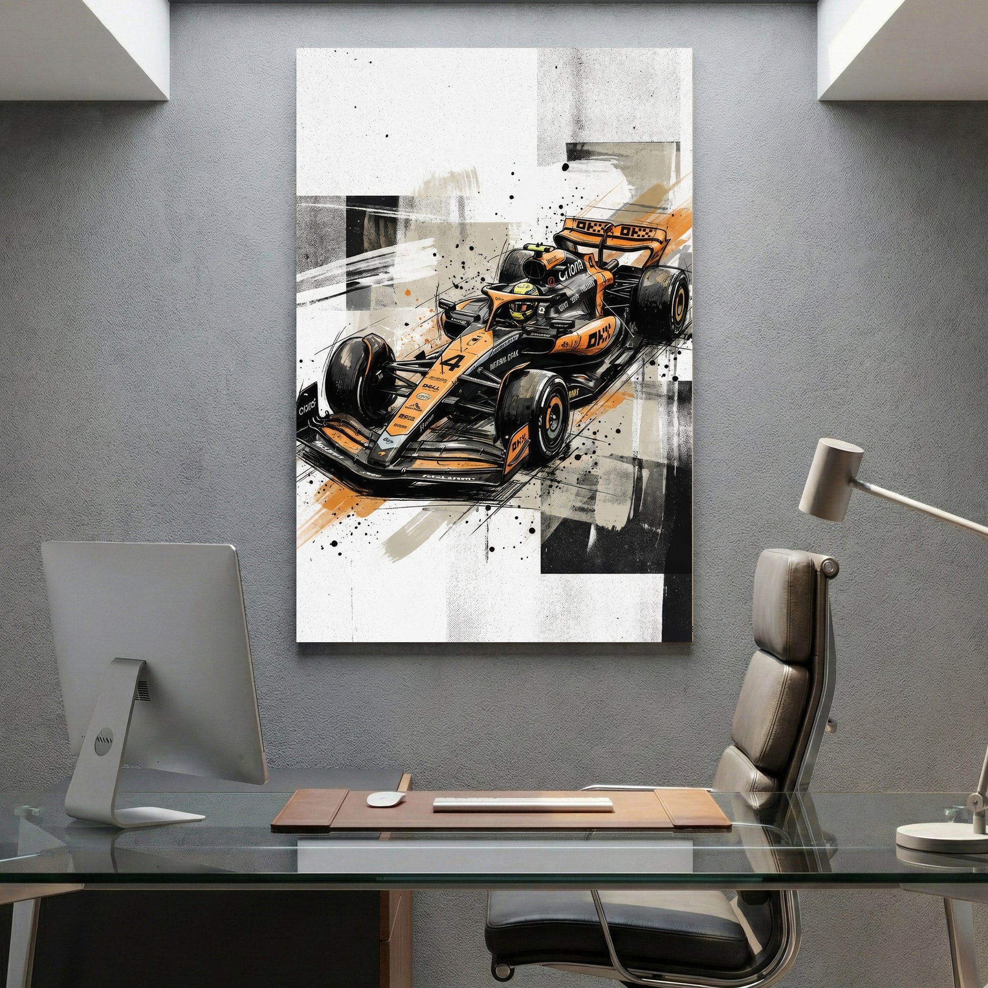 Oscar Piastri McLaren F1 canvas wall art print displayed in a styled living room