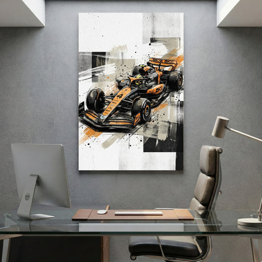 Oscar Piastri McLaren F1 canvas wall art print displayed in a styled living room