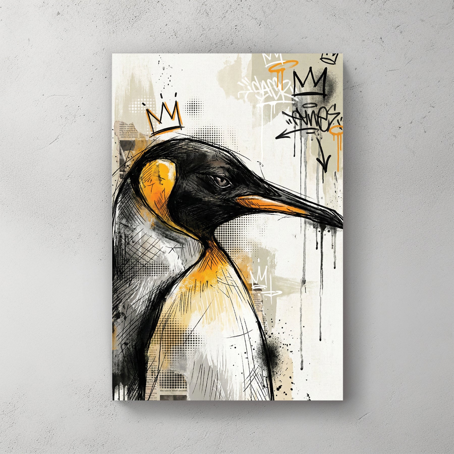 Penguin in profile with gold graffiti crown, ink and orange spray paint texture, drips, halftone newspaper background — canvas wall art print