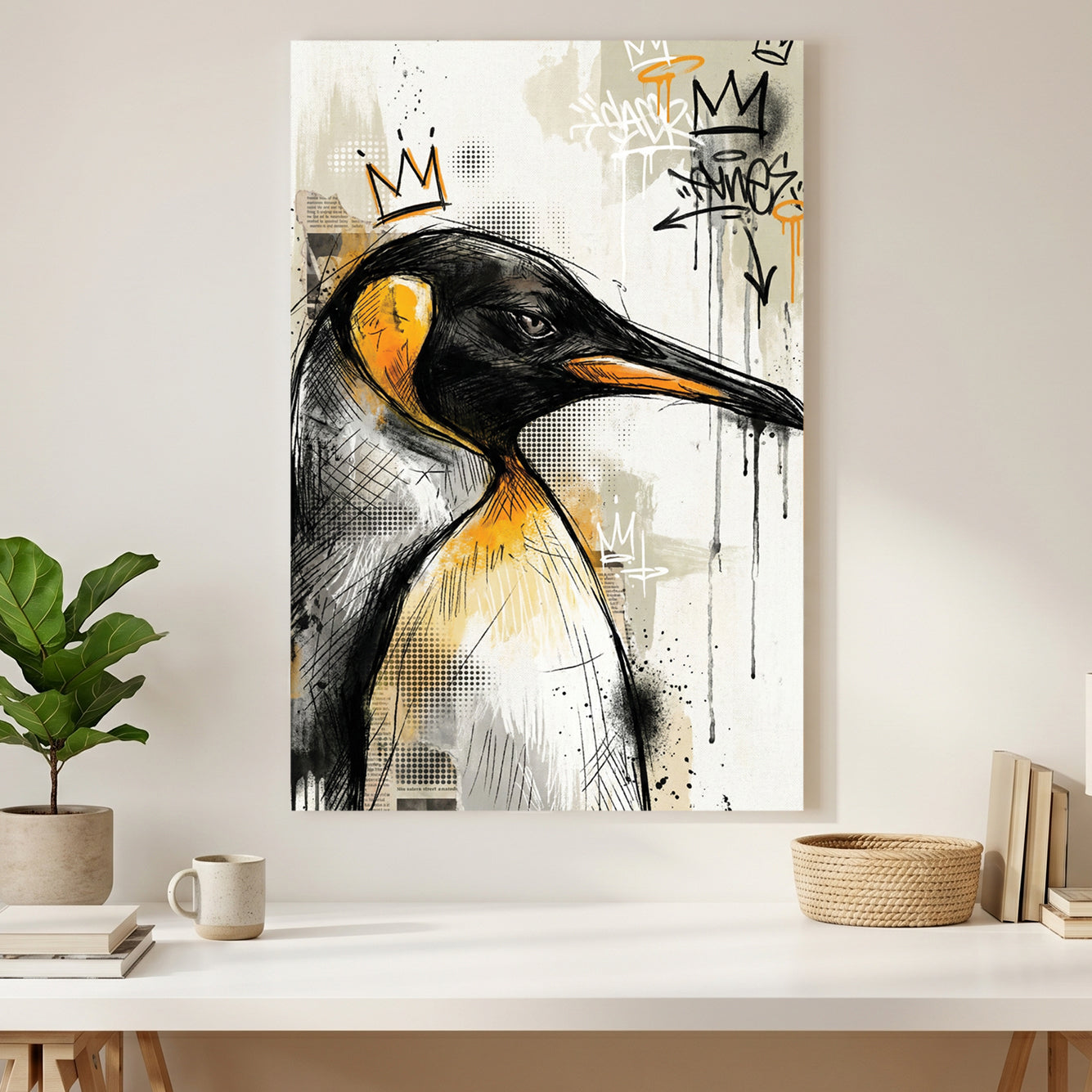 Crowned Penguin Graffiti Pop Art canvas wall art print styled in a modern interior