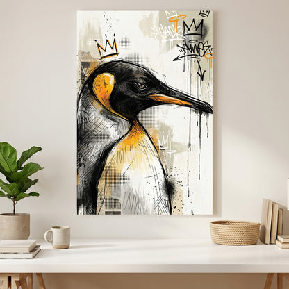 Crowned Penguin Graffiti Pop Art canvas wall art print styled in a modern interior