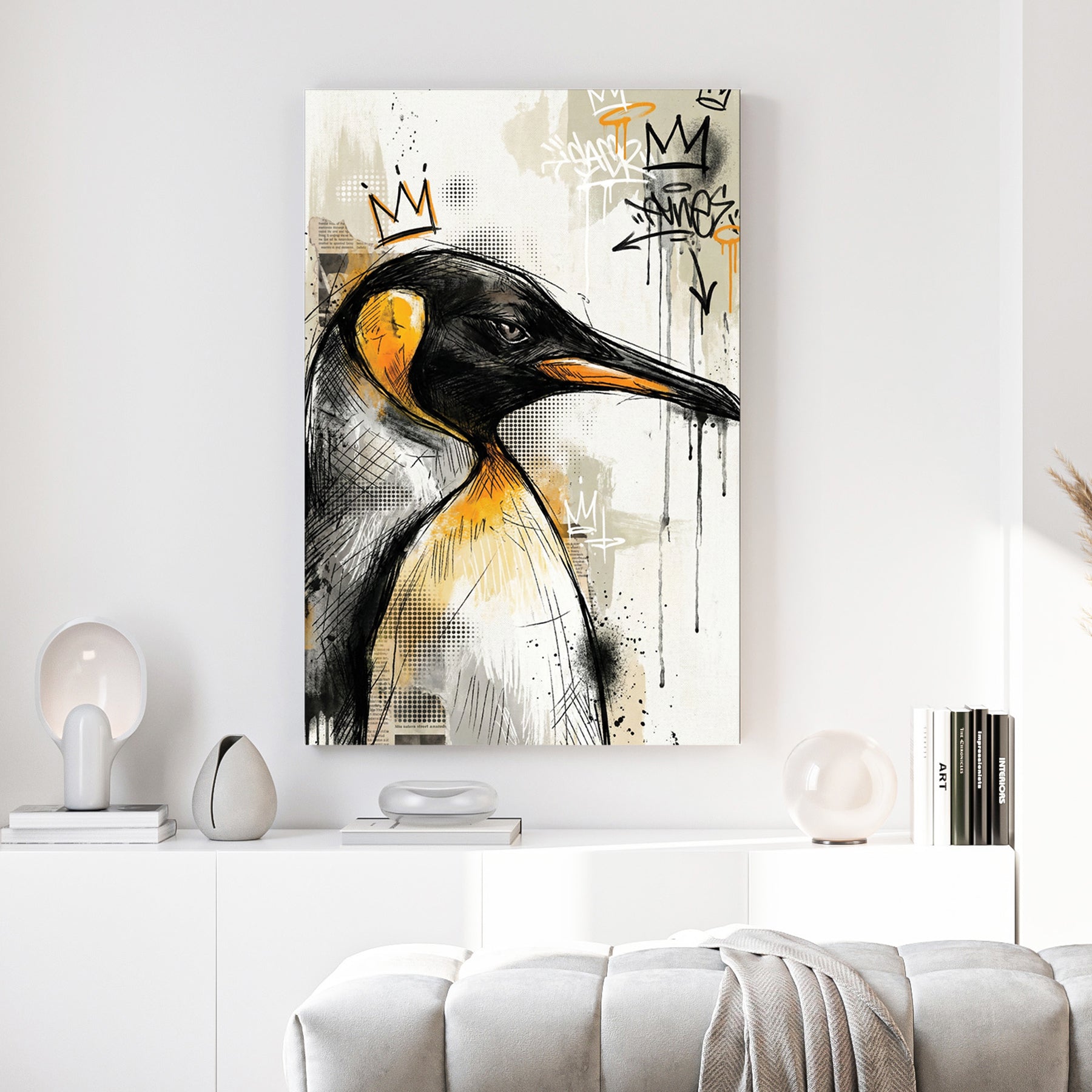 Crowned Penguin Graffiti Pop Art canvas wall art print above a sofa in a contemporary living room