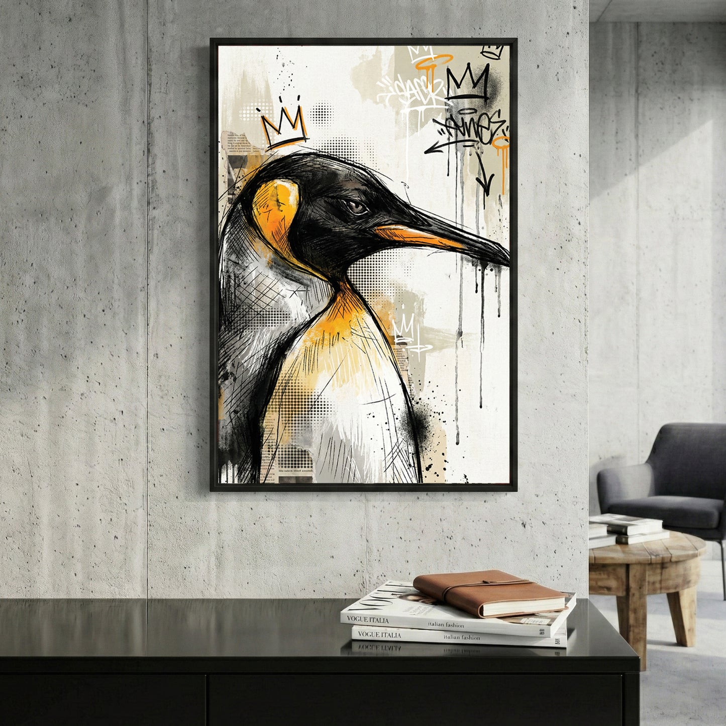 Crowned Penguin Graffiti Pop Art framed canvas wall art print in a gallery-style display