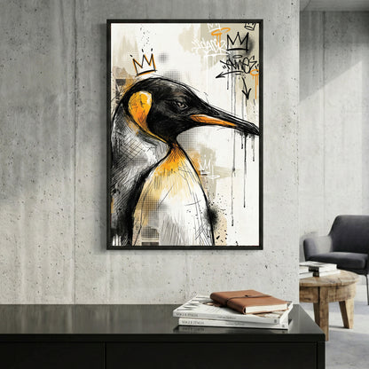 Crowned Penguin Graffiti Pop Art framed canvas wall art print in a gallery-style display