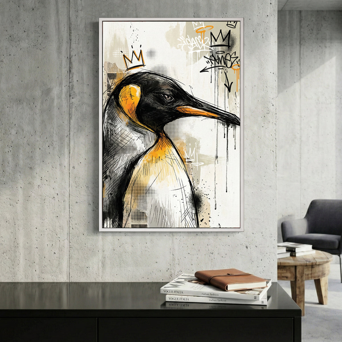 Crowned Penguin Graffiti Pop Art canvas wall art print displayed in a styled living room