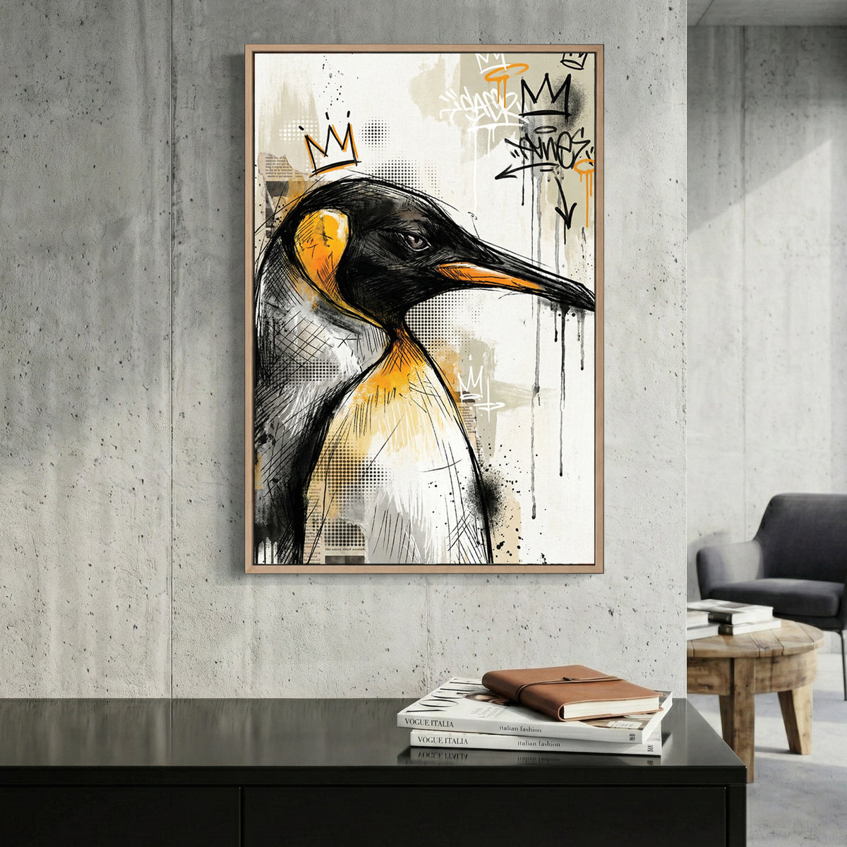 Crowned Penguin Graffiti Pop Art canvas wall art print displayed in a styled living room