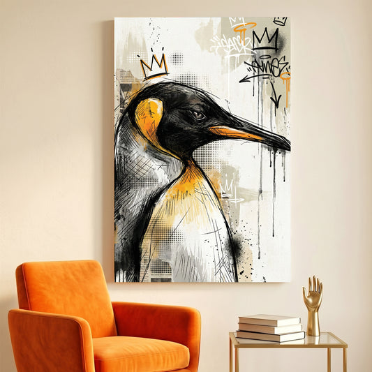 Crowned Penguin Graffiti Pop Art canvas wall art print displayed in a styled living room