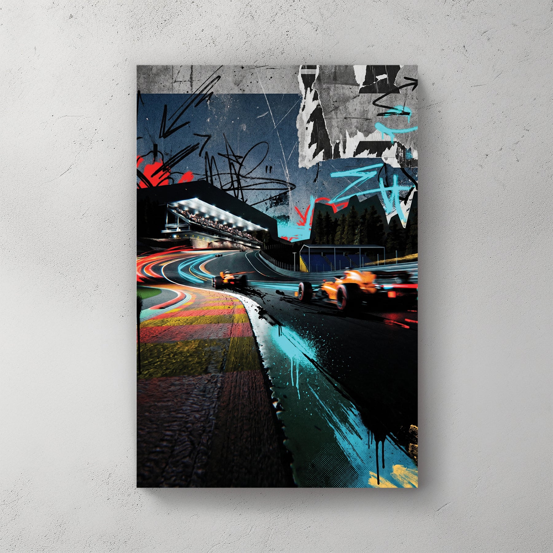 Two F1 cars at Spa Francorchamps, Eau Rouge corner, orange and grey, neon graffiti accents — canvas wall art print