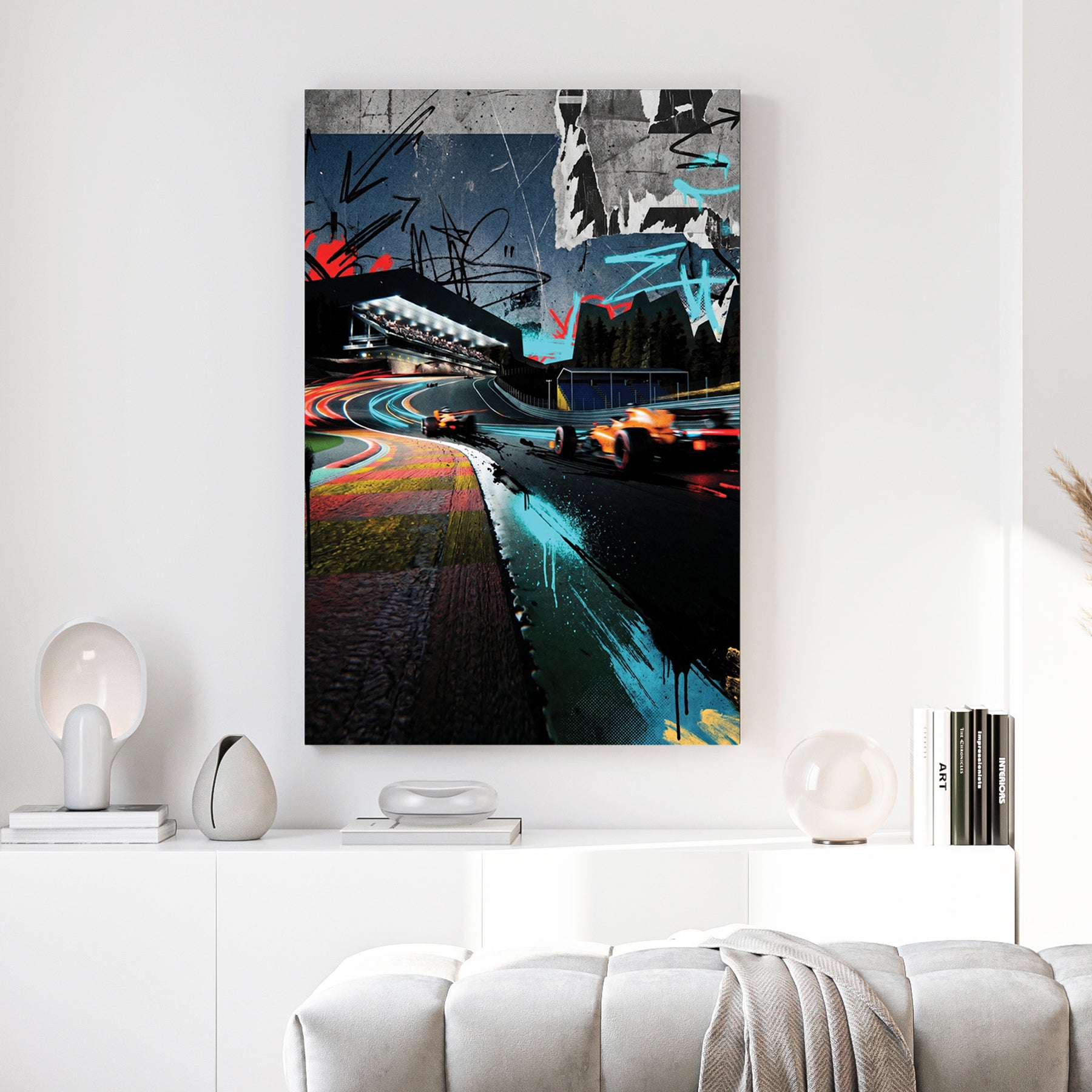 McLaren F1 Spa Belgium canvas wall art print above a sofa in a contemporary living room