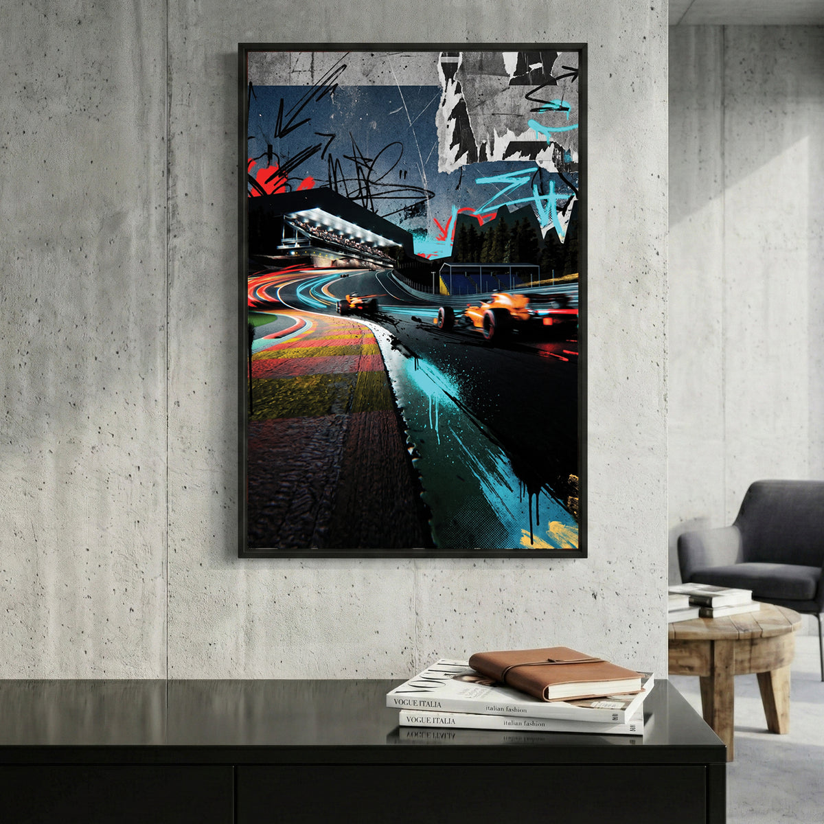 McLaren F1 Spa Belgium framed canvas wall art print in a gallery-style display