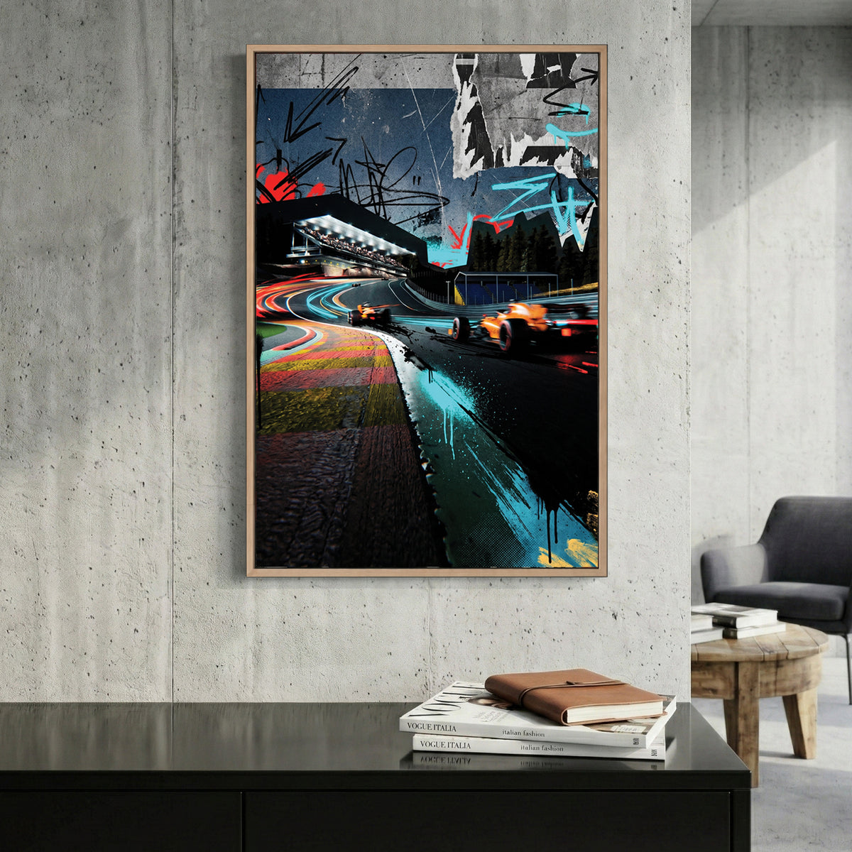 McLaren F1 Spa Belgium canvas wall art print displayed in a styled living room