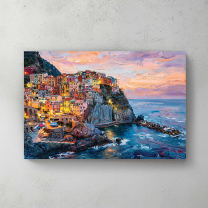 Manarola Cinque Terre; pastel cliffside village at sunset; lights coming on; impasto sky — canvas wall art print