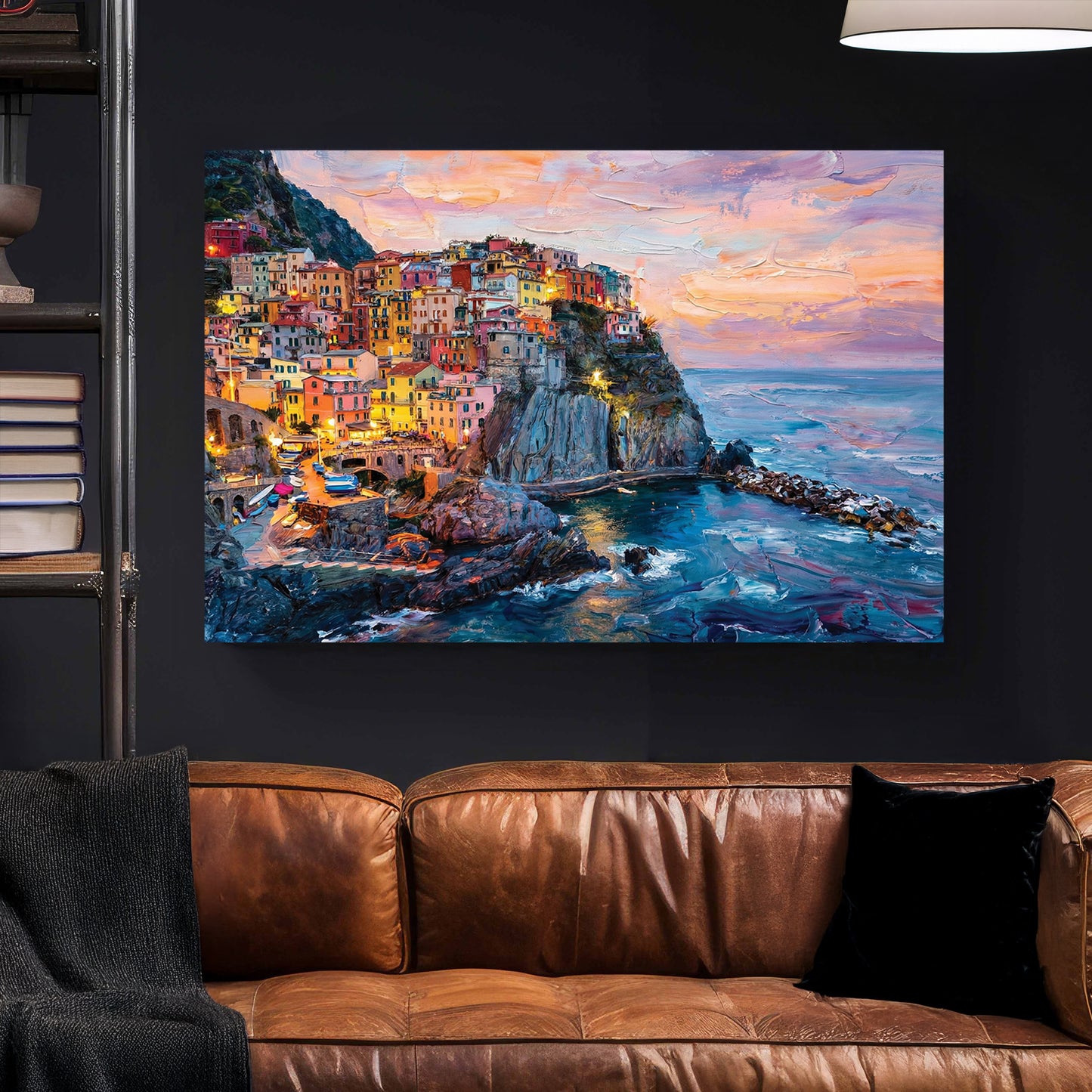 Manarola Cinque Terre Sunset Painting canvas wall art print styled in a modern interior