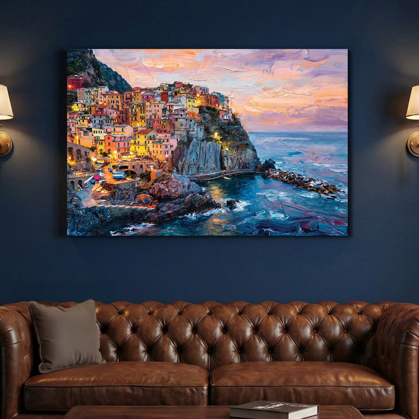 Manarola Cinque Terre Sunset Painting canvas wall art print above a sofa in a contemporary living room